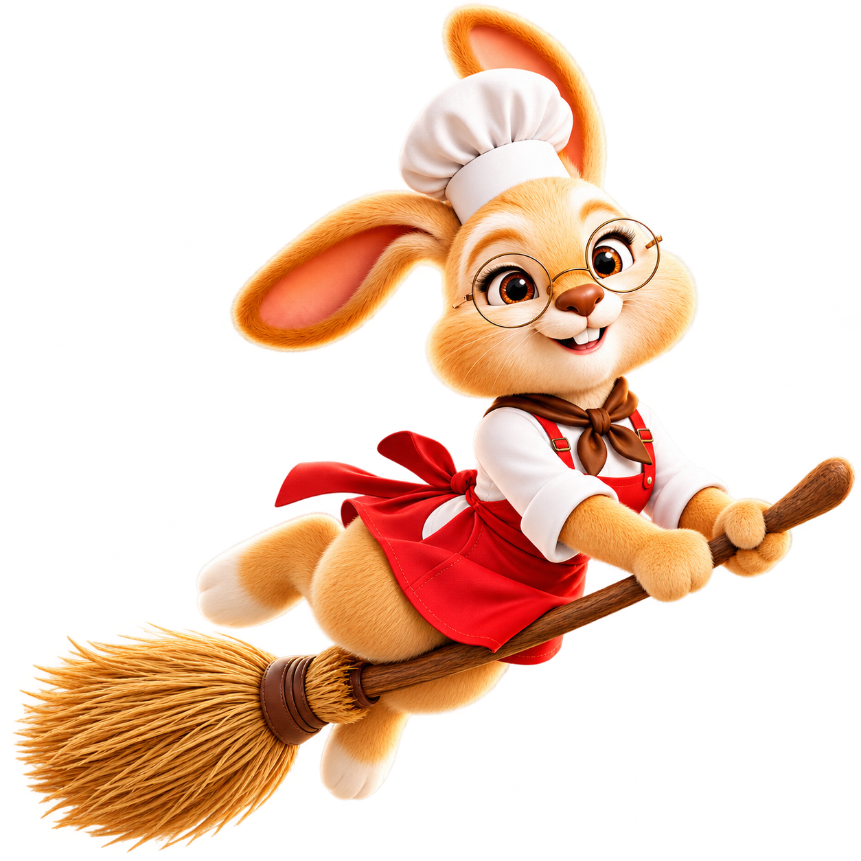 Coelhinha da Chocolandia, de óculos e roupa de confeiteira, voando em uma vassoura